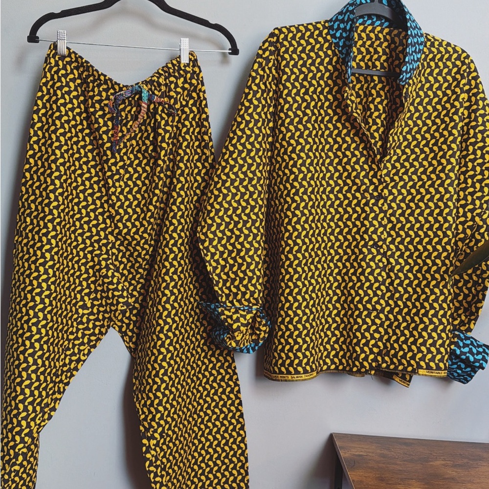 Artisan Print Two Piece Set Oversized Button-Up Shirt & Parachute Pants One Size